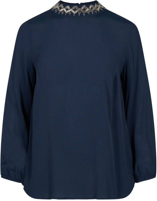 Zizzi geweven top EEBONY met kraaltjes donkerblauw