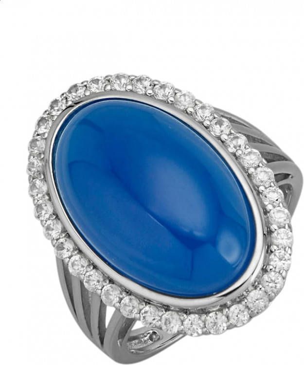 Diemer Farbstein Damesring met blauwe agaat cabochon en witte zirkonen Blauw